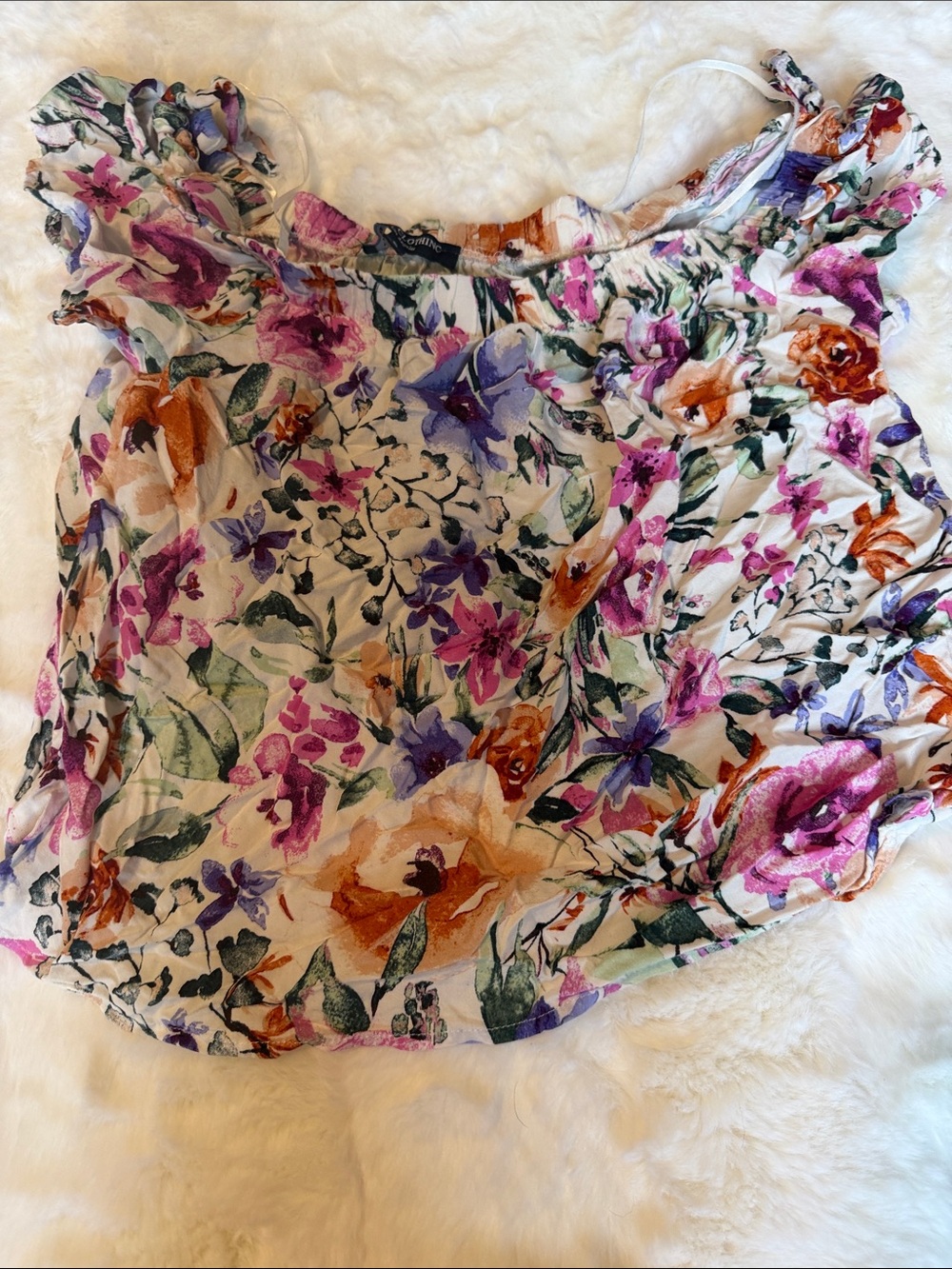 Floral Off-Shoulder Blouse in White with Pink, Purple & Orange Flowers